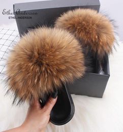 Fox Hair Full Fur Slippers Womens Summer Slides Flip Flops Popular Fluffy Fur Sandals Beach Woman Shoes Slipper N6916144919