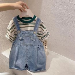 Clothing Sets Summer Childre Clothes Set 0-6Years Kids Boy Striped Short Sleeved T-shirt Denim Strap Shorts Outfit Fashion