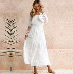 Summer Elegant Off Shoulder Long White Dress Women See Through Lace Sheer Mesh Patchwork Boho Holiday Beach Maxi Dress5403932