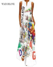 WAYOFLOVE Letter Cartoon printed Casual Beach Dress 2021 Plus Size Long Dresses Summer Woman V Neck Sleeveless Girl Maxi Dresses Q1689843