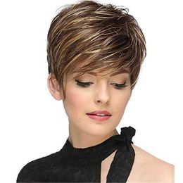 Light New Star Pick Fashion Wig Gold Womens Short Brown Straight Hair Mixed Colour High Temperature Silk Full Head Cover