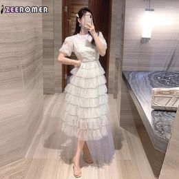 Casual Dresses 2024 French Luxury High End Ball Party Show Design Sequin Hollow Mesh Waist Embroidered Bubble Sleeves Coloured Cake Skirt