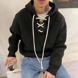 Men's Hoodies Mens Casual Knitted Lace-Up Hooded Sweatshirt 2024 Autumn Winter Genderless Fashion Street Loose Solid Colour Hoodie Unisex