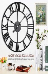 Wall Clocks 40476080cm Modern 3D Large Retro Black Iron Round Art Hollow Metal Clock Nordic Roman Numerals Home Decoration12776377