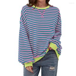 Women's T Shirts Women Oversized Striped Colour T-Shirt Block Long Sleeve Crew O-Neck Sweatshirt Casual Loose Pullover Y2K Shirt Tops