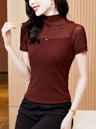 Women's T Shirts Mesh Shirt Female Spring Summer Stretch Slim Soft Top Women Short Sleeve Half Turtleneck T-shirts