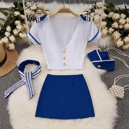 Work Dresses Female Sexy Sailor Officer Flight Uniform Role-playing Short Suits 4 Pieces V-neck T-shirt CropTop Blue Hip Wrap Skirt Exotic