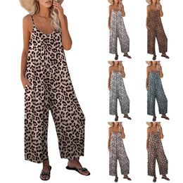 Summer Womens Pants Cross Border Leopard Pattern Pocket Loose Casual Strap Jumpsuit 240429