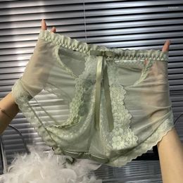 Women's Panties High Waist Sexy Hollow Light Luxury Satin Pants Women Lace Bowsknot Mesh Breathable Shorts Mulberry Silk Crotch Briefs