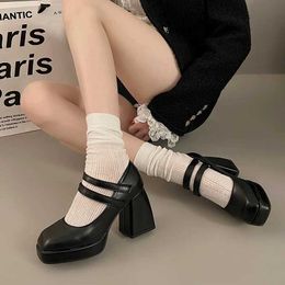 Dress Shoes Mary Janes Vintage Black Sandals Woman Buckle Non-Slip Casual Medium Heels Office Ladies Solid Elegant Korean 2023 Summer H240504