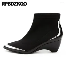 Boots Booties Genuine Leather 2024 High Quality Black Women Ankle Medium Heel Autumn Short Wedge Shoes Pointed Toe Slip On