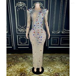 Stage Wear Sexy Colorful Rhinstones Dress Women Evening Celebrate Birthday Singer Dancer Performance Transparent Mesh Host Costume