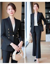 Women's Two Piece Pants Black Office Lady Suit Sets Blazer And Flare Slim Pantsuit Long Sleeve Jacket 2 For Work Ropa De Mujer