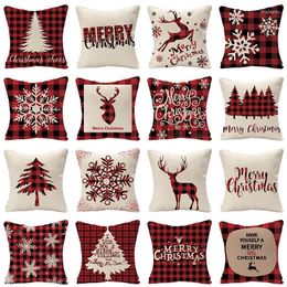 Pillow Linen Red Scottish Plaid Christmas S Case Reindeer Trees Snowflakes Print Decorative Pillows For Sofa Couch Bed