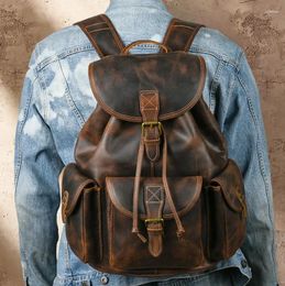 Backpack Vintage Rucksuck Bag Crazy Horse Leather Men Women Genuine Knapsack Student School Rucksacks 14"