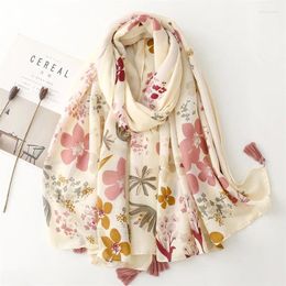 Scarves Cotton And Linen Feel Scarf With Thickened Satin Pattern Elegant Beige Flower Tassels Fashionable Travel Shawl