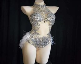K32 Silver sexy female bodysuit dj singer jumpsuit stage wears dresses feather crystal outfit pole dance costumes party ballroom r1952821