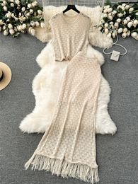 SINGREINY Korean Vacation Style Two Pieces Suits O Neck Sleeveless Hook TopBodycon Tassel Skirt Women Knitted Beachwear Sets 240429