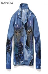 High Quality Men039s Loose Coconut Palm Printed Jean Jacket Fashion Holes Ripped Male Denim Coat Letters Painted Mens Outerwear4717419