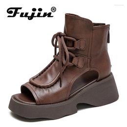 Boots Fujin 5.5cm Fashion Summer Sandals Hollow Ankle Booties Motorcycle Shoes Genuine Leather Chimney Women Peep Toe Moccasins