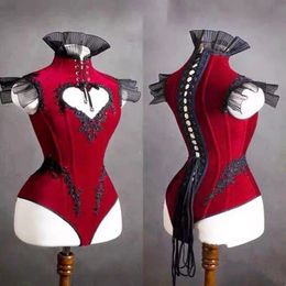 Vintage Red Heart Cutout Strap Bodysuit Show Gogo Costume Sleeveless Velvet Women Dancer Jazz Dance Leotard Nightclub Party Sexy Performance Stage Wear