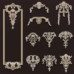 Rubber Wood Applique for Furniture Flower Decoration Wood Carving Onlays Luxury Living Room Decoration Decal Floral Home Decor 240423