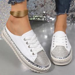 Slippers Crystal Flats Women Mules Shoes Platform Lace Up Summer Comfort Sandals 2024 Walking Slingback Slides Mujer Zapatos