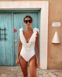 Women's Swimwear Sexy Deep-V One Piece Swimsuit Female Women Vintage Retro Bathing Suit Shoulder Ruffle Backless Monokini