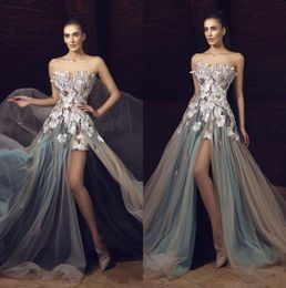 Tony Chaaya 2018 Split Prom Dresses Long Strapless Neck Beaded Embroidery Evening Gowns Sweep Train A Line Formal Dress8668977