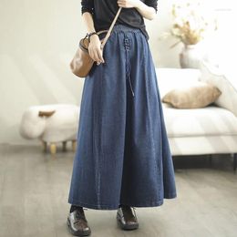 Skirts NINI WONDERLAND Autumn Winter Cotton Denim A-line Pleated Skirt 2024 Women Elastic Waist Loose Maxi Long Casual