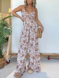 Women Floral Suspender Jumpsuit Spring Summer Wide Leg Pants V Neck Spaghetti Strap Loose Fashion Bohemia Rompers Clothes 240423