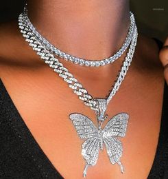 Cuban Link Chain Choker Necklace Butterfly Pendant for Women Hip Hop Iced Out Rhinestone Necklace Jewelry18056894
