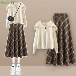 Work Dresses Women Autumn Winter Chic Sweater Plaid Midi Skirts 1 Or Two Piece Set 2024 Lady Graceful Solid Knit Tops A-Line Skirt Outfits