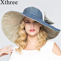 Xthree reversible summer hat for women Superlarge brim Beach cap sun female England Style 240423