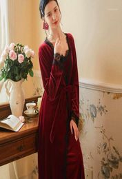 Women039s Sleepwear Velvet Women039s Robes Set Night Dress Court Style Winter Sling Nightdress Home Wear Wine Red Long Gown 7165245