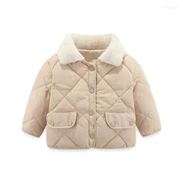 Down Coat Lattice Fur Collar Thick Cotton Jacket Boys Girls Baby Beige Warm Overcoat Kids Winter Outdoors Casual Clothes 1-6 Y