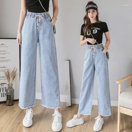 Women's Jeans Light Blue Women Spring Summer Elastic Waist Drawstring Straight Denim Pants Female Casual Wide Leg Trousers