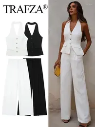 Women's Two Piece Pants TRAFZA Women Fashion Solid Pant Suit Halter Single Breasted Sleeveless Blazer Vest Top Zipper Trousers Office