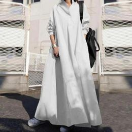 Casual Dresses Ladies Cotton Linen Dress Loose Cut Maxi Versatile Women's V-neck Shirt Solid Color Fit For Spring