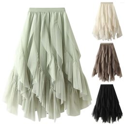 Skirts Women'S A Line Fairy Elastic Waist Tulle Midi Skirt High Mesh Dress Solid Colour Irregular Knit For Women