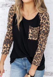 Leopard T Shirt Women Pocket Tops Tee Autumn Spring Long Sleeve Tee Shirts Casual Loose Female Top Lady Raglan Sleeve Tshirt5830654