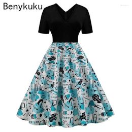 Party Dresses Musical Note Print V-neck Rockabilly Vintage Dress Retro Womens Clothing Short Sleeve Swing Pin Up Sundress