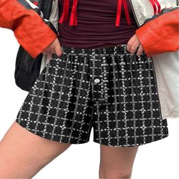 Women's Shorts Women Boxer Shorts Slpwear Cute Soft Elastic Low Waist Plaid Print Button Front Pyjama Bottoms Elastic Drawstring Pants Y240504