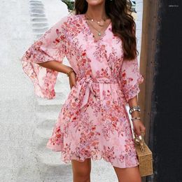 Casual Dresses Women Beach Floral Dress V Neck Lace-up Belted Tight Waist Ruffle Patchwork Flower Print A-line Summer Vacation Bohemian