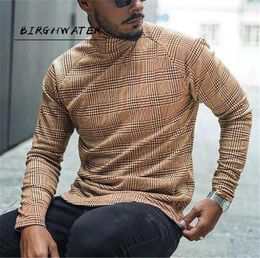 Men039s TShirts Autumn Casual Plaid Print Shirt Mens 2021 Spring Fashion Turtleneck Pullover Tops Male Long Sleeve Slim Tee St5913239