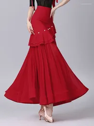 Stage Wear Ballroom Dance Skirt With Large Swing Elegant Pearl Design And Temperament Red Tango National Standard Modern