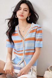 Women's Blouses Shirt Womens Tops Summer 2024 Cute Short Sleeve Striped Loose Patchwork Knitted Lantern Thin V-Neck Women Shirts