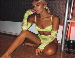 BKLD Mesh 2 Piece Sets Summer Clothes For Women Sexy Bra Crop Top And Shorts Lace Sets Neon Two Piece See Through Club Outfits T209329106