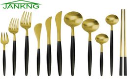 JANKNG 6Pcs Black Gold Stainless Steel Dinnerware Sets Forks Knives Chopsticks Little Spoon for Coffee Tea Kitchen Tableware Party2313359