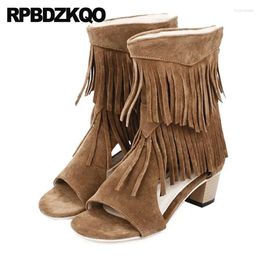 Boots Fashion 12 44 Tassel Suede Open Toe Big Size Summer Fringe Ankle 13 45 Shoes Grey Sandals Cut Out Women Medium Heel Chunky